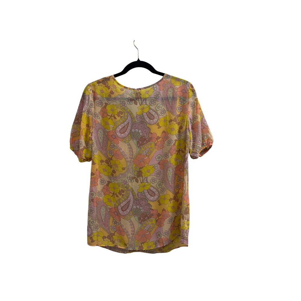 Cato Womens Retro Floral Paisley V-Neck O-Ring Keyhole Blouse Yellow S - Picture 2 of 4